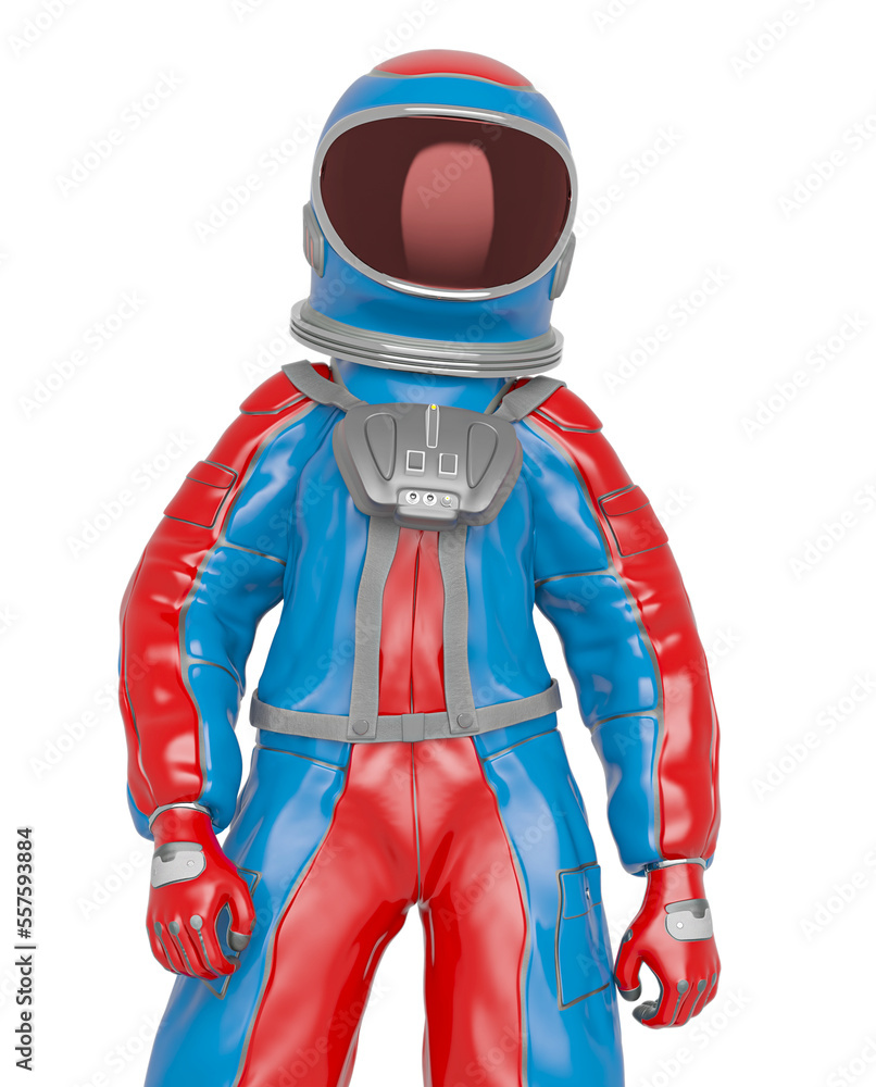 astronaut girl is standing up on frontal close up view
