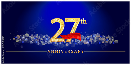 27 anniversary celebration. 27th anniversary celebration. 27 year anniversary celebration logo with glitter, confetti, red ribbon and blue background. photo