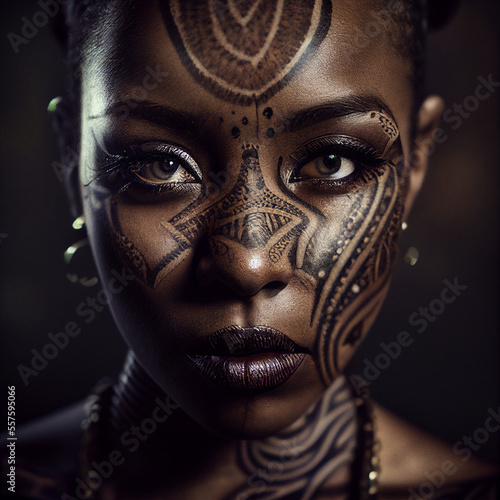 Portrait of a afro girl with tattoo, african style, face tattoo - Generative AI