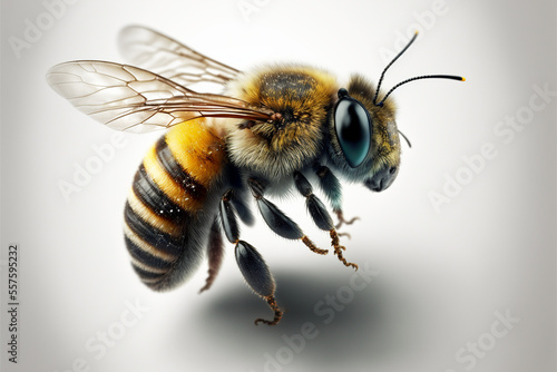 a stunning bee is flying, isolated on white background with shadows, macro, incredible pollinator, generative AI