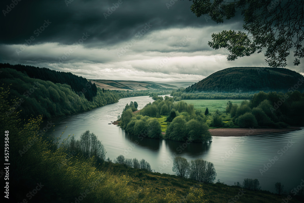 Beautiful view of a river between a hill and a woodland under an overcast sky. Generative AI
