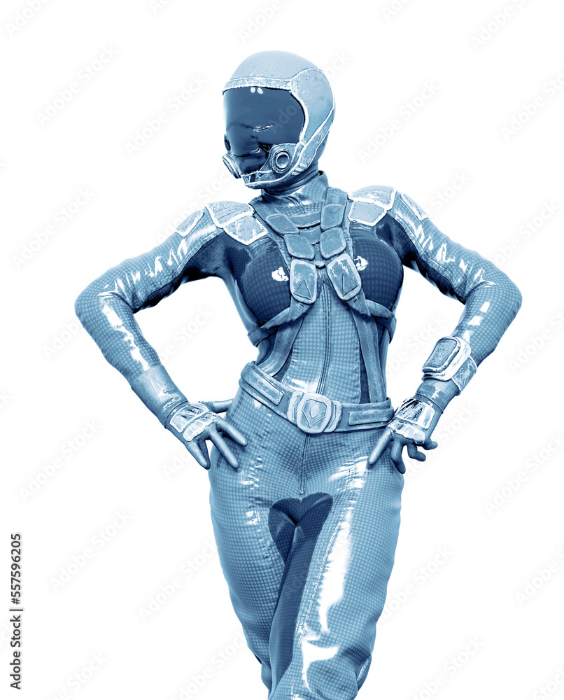 cosmonaut girl is doing a pin up pose on white background