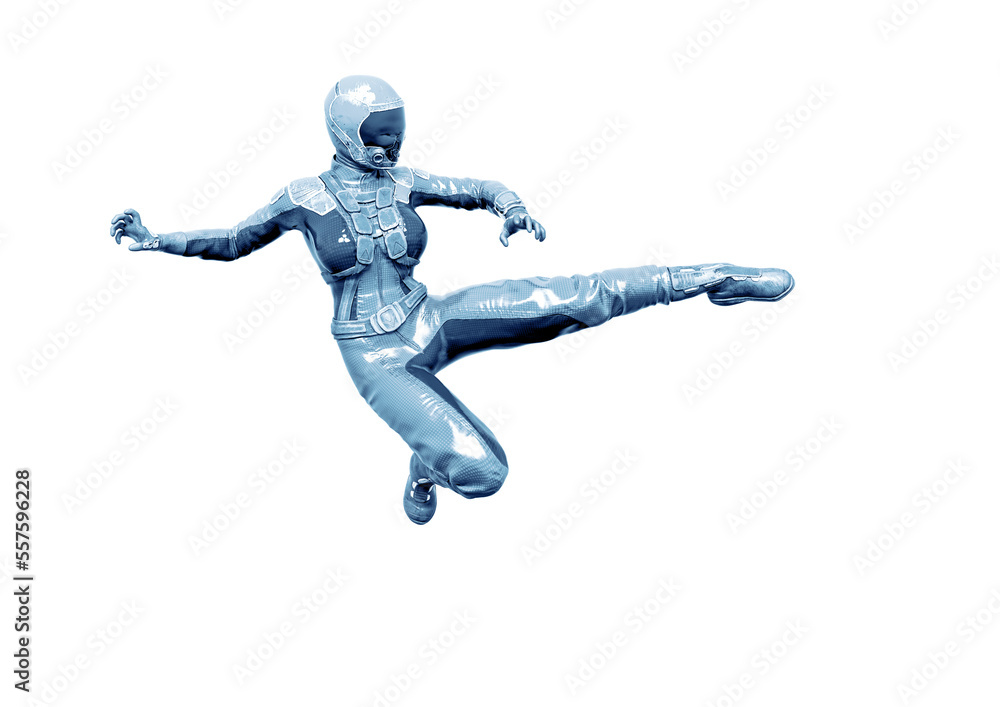 cosmonaut girl is doing a side kick on white background cosmonaut girl is doing a side kick on white background