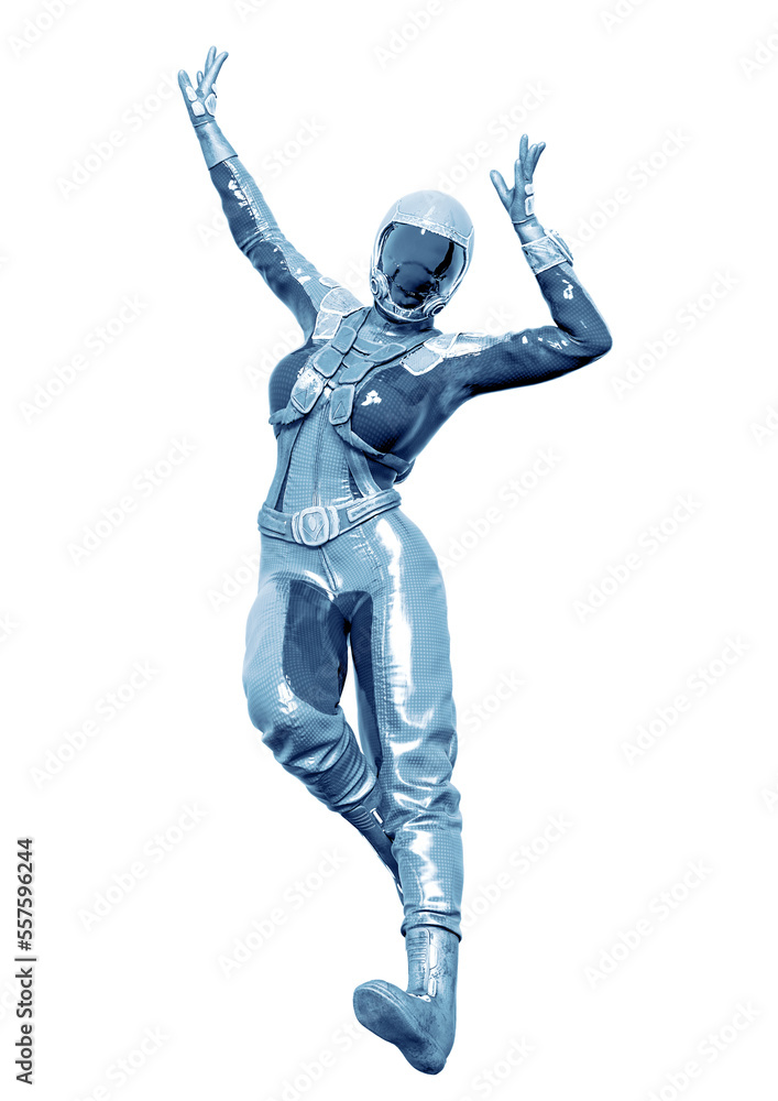 cosmonaut girl is happy and dancing on white background cosmonaut girl is happy and dancing on white background