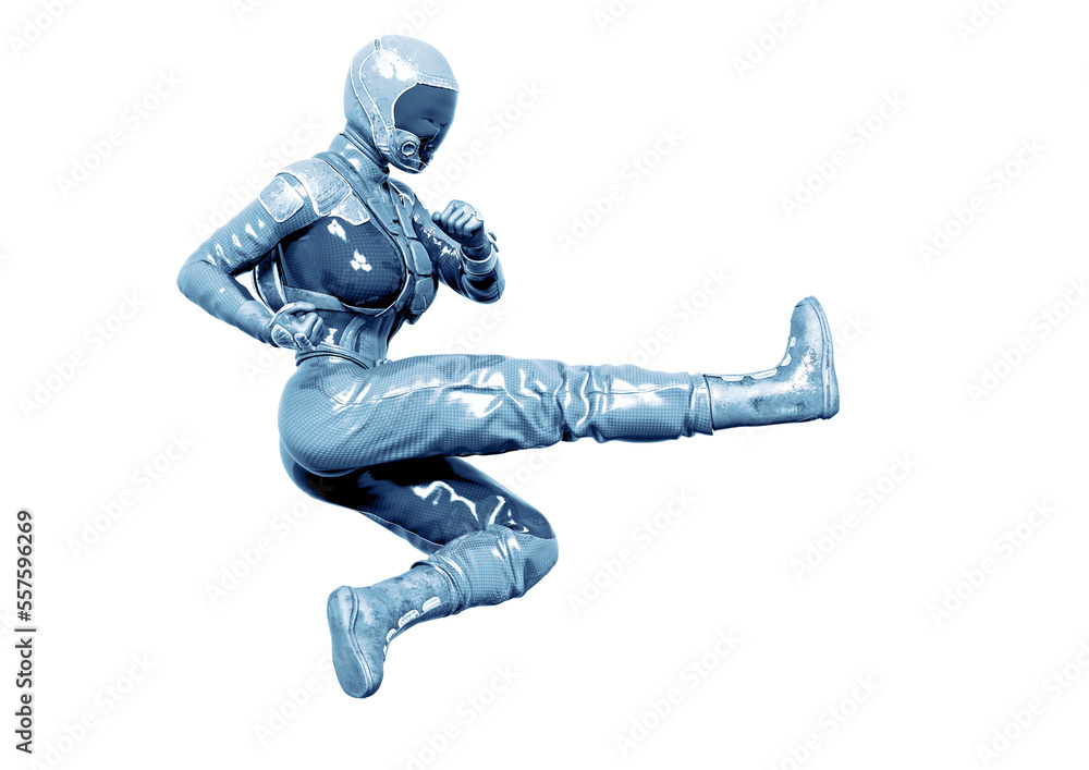 cosmonaut girl is kicking up like a kung fu fighter in action on white background