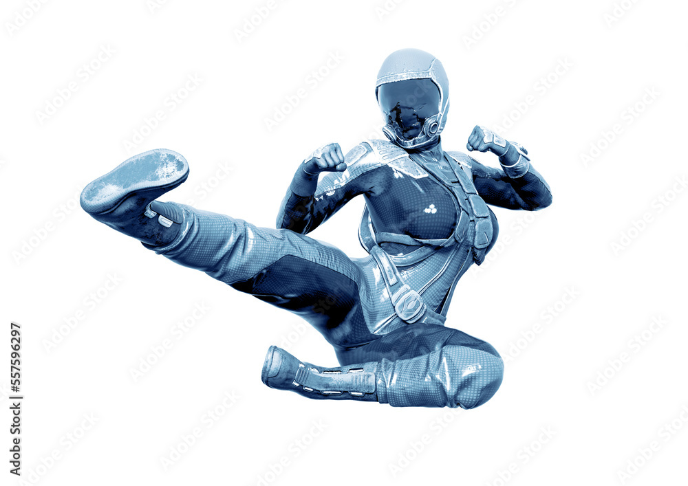 cosmonaut girl is kicking up like karate in action on white background cosmonaut girl is kicking up like karate in action on white background