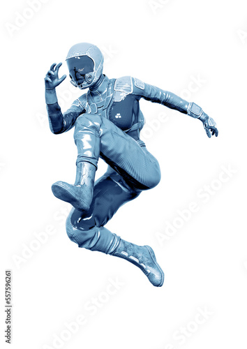 cosmonaut girl is jumping in action on white background