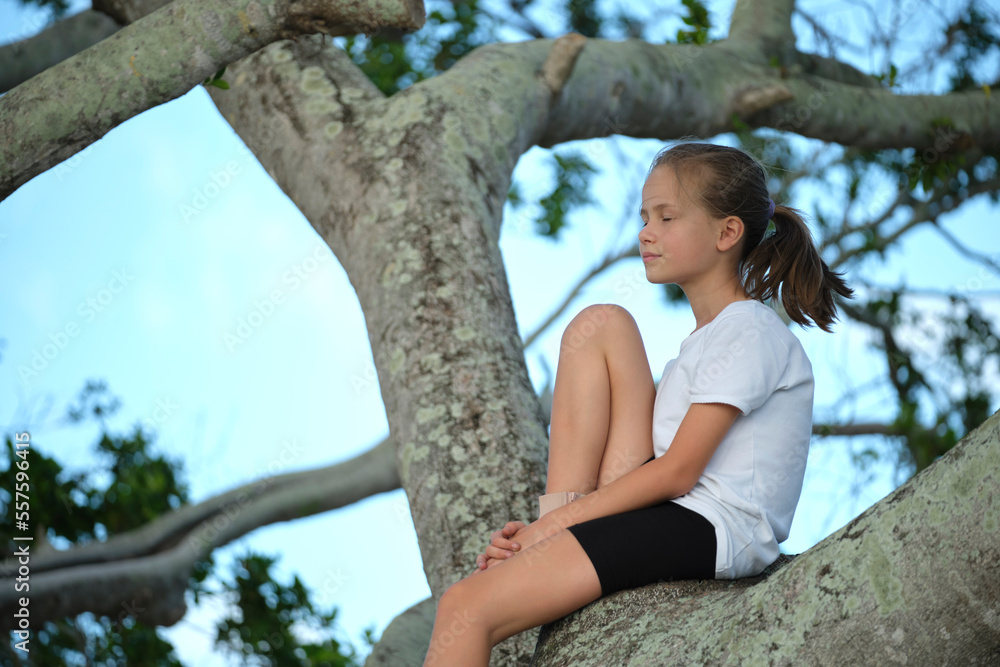 Young pretty child girl sitting relaxed between big branches of old tree on sunny summer day Young pretty child girl sitting relaxed between big branches of old tree on sunny summer day