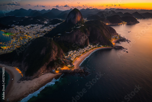 Aerial Image of Rio de Janeiro, Brazil's Morro Two Irmaos Mountain at Dusk, Showing Vidigal and Leblon. Generative AI