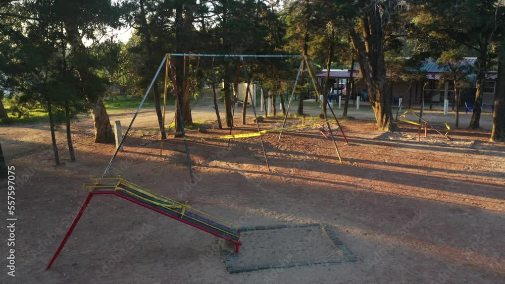 Aerial view of children's playground closed due to coronavirus pandemic Aerial view of children's playground closed due to coronavirus pandemic