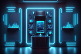 Illustration Neon stage scene pedestal room, gaming gamer backdrop abstract wallpaper, cyberpunk style metaverse scifi game. Generative AI