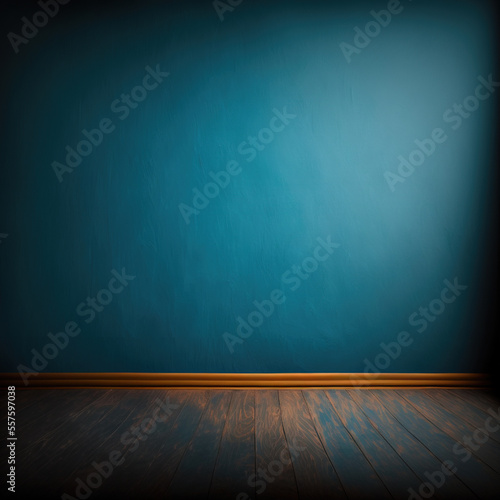 Abstract blue room studio background for product presentation. Empty room with wood flooring . 3d room with copy space. Blue concert. Blurred backdrop made with Generative AI