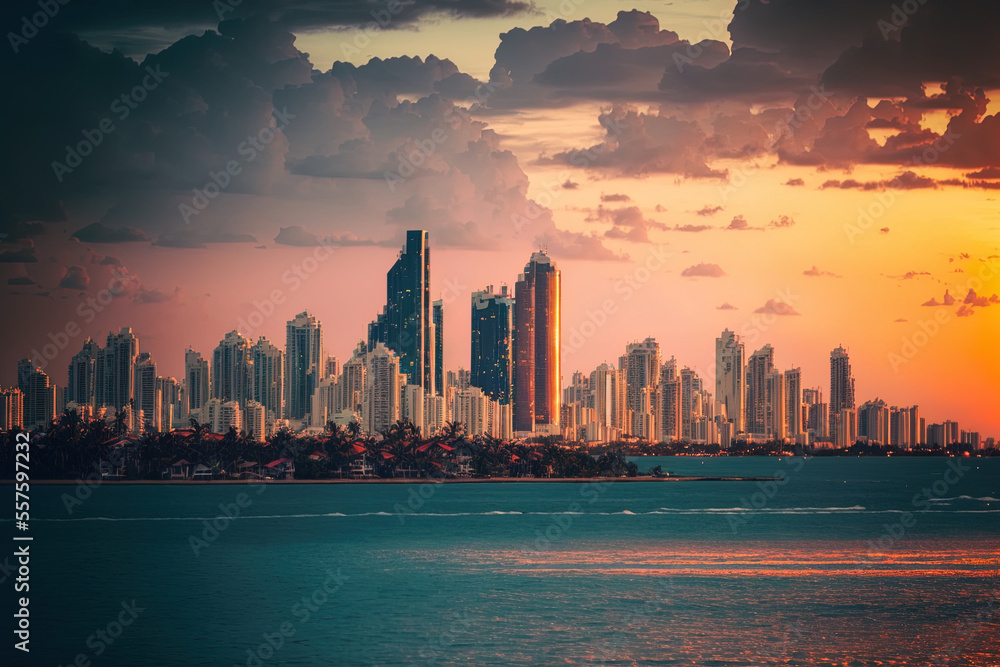 Obraz premium Colombia's Cartagena de Indias skyline. Bocagrande neighborhood. Generative AI