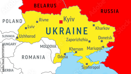 Ukraine, Russia and Belarus Map. War. Zoom on World Map. Vector Illustration
