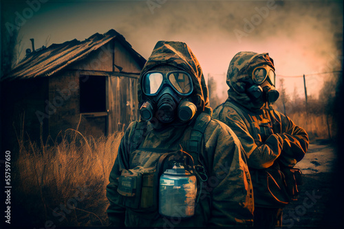 Soldiers Wearing Camouflage Uniform in Respirators and Protective Goggles Standing Near Hut in Radioactive Area photo