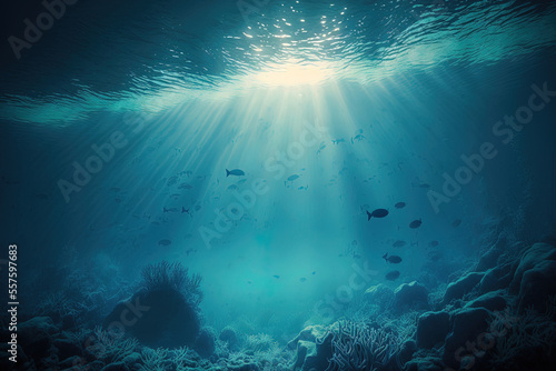 Underwater light rays, hazy natural landscape and abstract sea backdrop. Generative AI