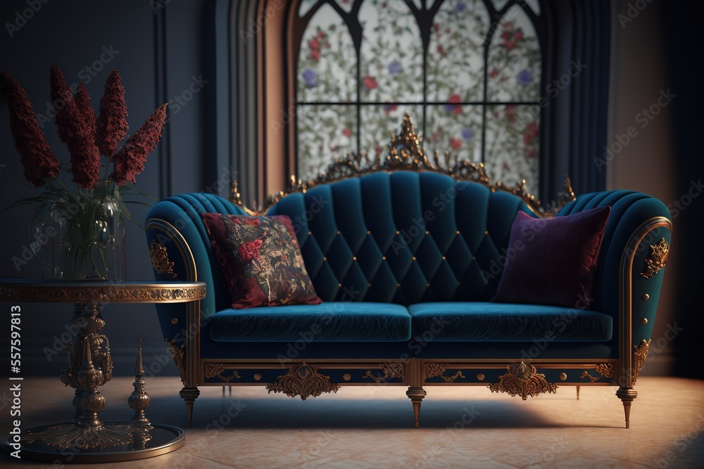 interior design of Gothic architecture living room, vintage sofa ...