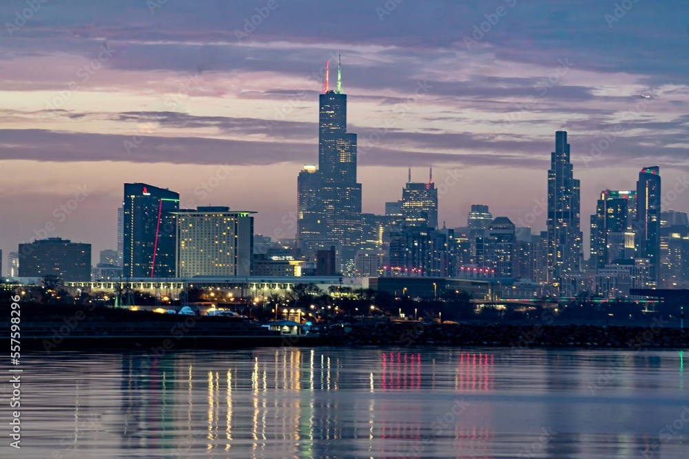 Downtown Chicago and Lake Michigan During the Blue Hour as viewed from just off of Lake Shore Drive near the 49th Street Beach