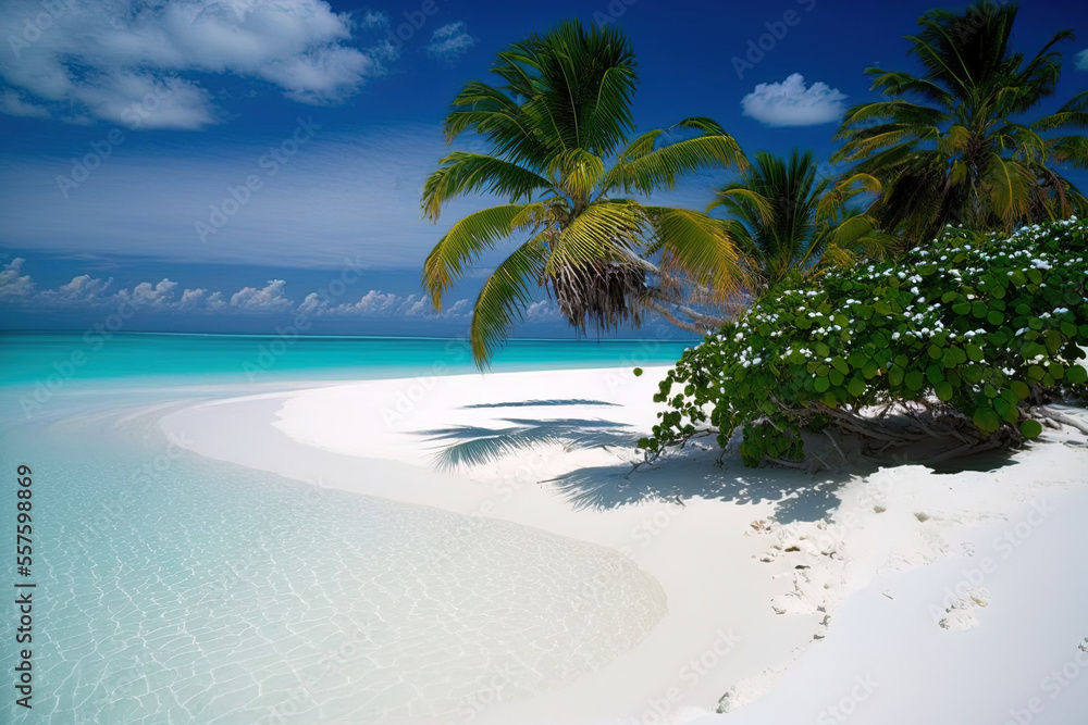 beach on a Maldives island. White sand beaches and palm palms may be seen in a tropical summer setting. Luxury travel. Generative AI