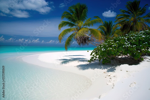 beach on a Maldives island. White sand beaches and palm palms may be seen in a tropical summer setting. Luxury travel. Generative AI © 2rogan