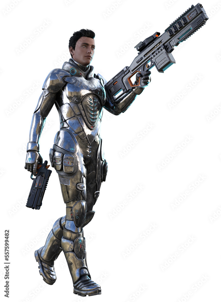 futuristic soldier in a metallic armor, armed with rifle and gun, 3d rendering futuristic soldier in a metallic armor, armed with rifle and gun, 3d rendering