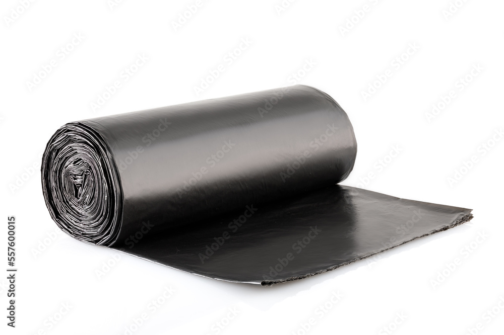 Roll of black plastic garbage bags isolated on white background. Full depth of field. Close-up Roll of black plastic garbage bags isolated on white background. Full depth of field. Close-up