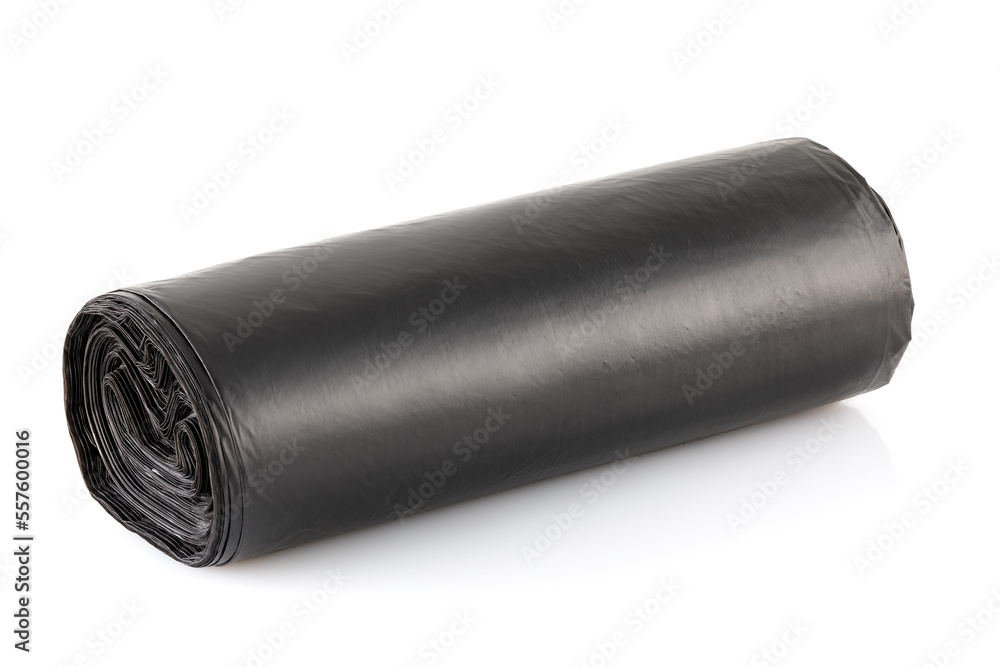 Roll of black plastic garbage bags isolated on white background. Full depth of field. Close-up Roll of black plastic garbage bags isolated on white background. Full depth of field. Close-up