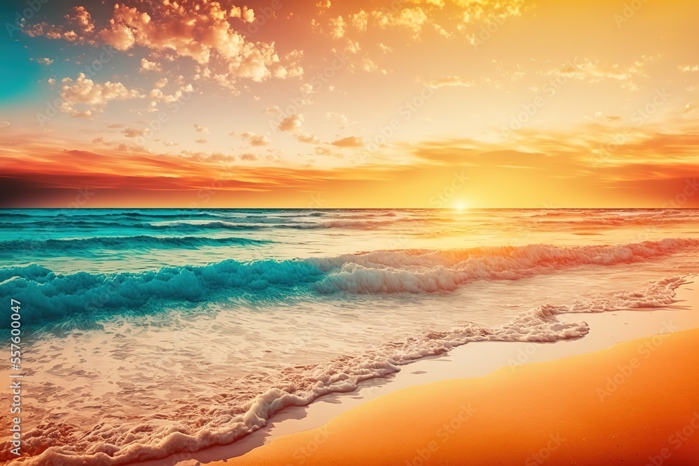 Closeup sea sand beach. Panoramic beach landscape. Inspire tropical beach seascape horizon. Orange and golden sunset sky calmness tranquil relaxing sunlight summer mood. Vacation travel holiday banner