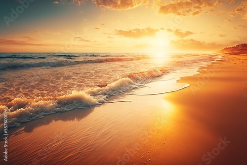 Closeup sea sand beach. Panoramic beach landscape. Inspire tropical beach seascape horizon. Orange and golden sunset sky calmness tranquil relaxing sunlight summer mood. Vacation travel holiday banner