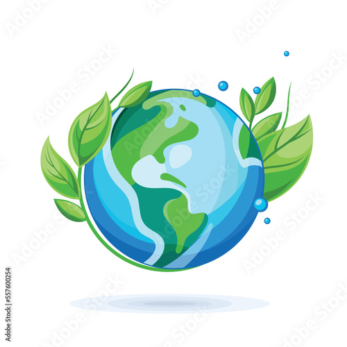 Planet earth with green leaves around. Earth day concept. Ecology friendly vector illustration