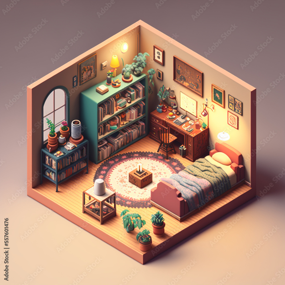 A cute isometric room. 3D illustration ilustración de Stock | Adobe Stock