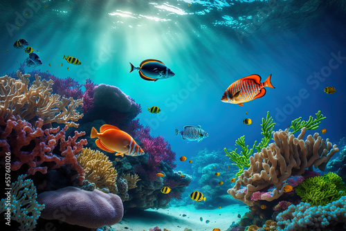 Underwater coral reef and lagoon  underwater scenery  snorkeling excursion. Generative AI