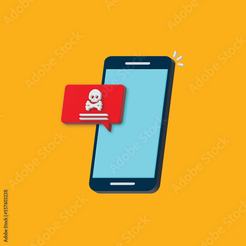 Malware , virus attack warning alert online on mobile cell phone, internet security threat. 3d vector illustration	