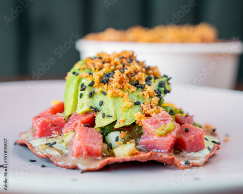 delicious tuna tostada with avocado