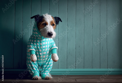 Portrait of a cute dog in cold winter wearing warm pijamas ai generative, with copy space, pet influencer photo