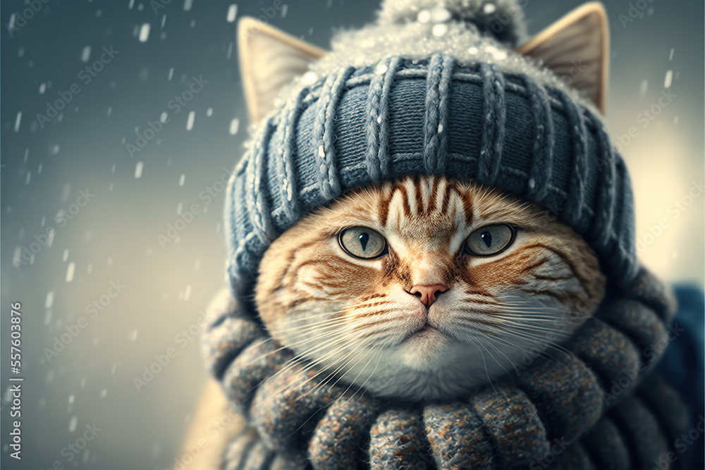 Potrait of a cute cat in cold winter wearing warm knitted hat ai generative, with copy space, pet influencer Potrait of a cute cat in cold winter wearing warm knitted hat ai generative, with copy space, pet influencer
