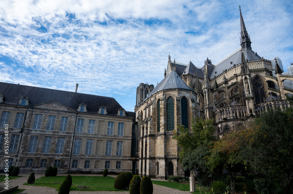 View from back side on gothic Roman Catholic cathedral church Notre-Dame in central part of old French city Reims, France View from back side on gothic Roman Catholic cathedral church Notre-Dame in central part of old French city Reims, France