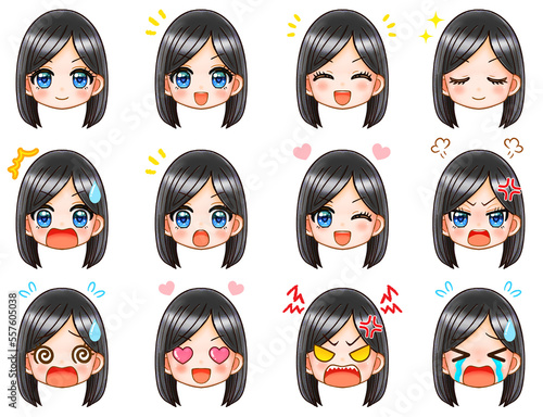 かわいい黒髪女性のちびキャラ顔アイコンイラスト素材