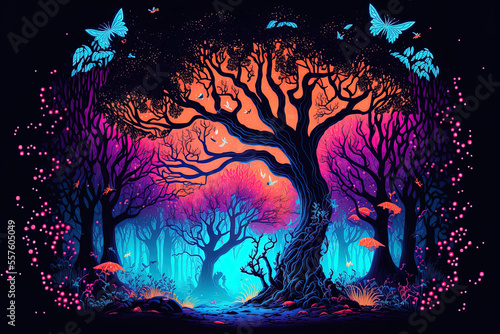 Fantasy illustration of a brilliant, colorful, neon lit woodland that resembles a fairytale. Generative AI
