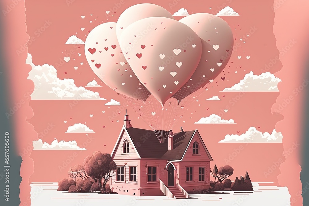 Views of the house in love with heart balloon flying on the pink, white, pastel sky stock illustration House, Residential Building, Valentine's Day - Holiday, Papercutting, Love - Emotion