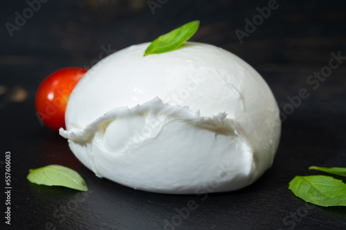 Сheese collection, one big ball on soft white italian mozzarella bufala cheese with red tomato and green basil leaves