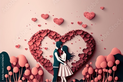 paper cut style Cute couple in love hugging with many hearts floating. Pink, white, red, pastel