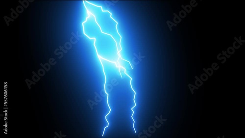 Realistic Lightning Strike On Black Background, Blue Lightning Thunderstorm Effect Over Black Background photo