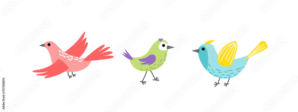 Bird colorful set. Flying bird. Little bird, nestling, chick. Spring, easter. Flat, cartoon, isolated 