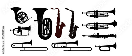 set of  instruments silhouette, trumpet, horn, French horn, tuba, saxophone, 