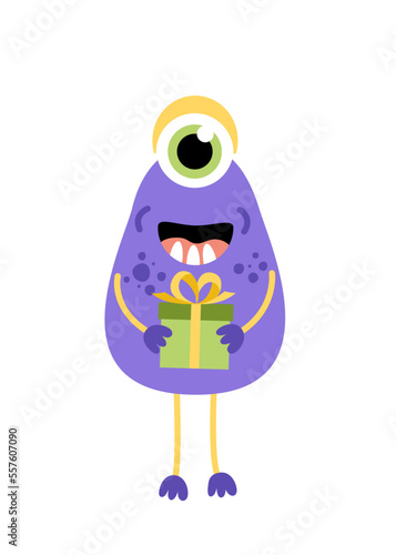Monster. Purple monocular monster with gift. Flat, cartoon, vector