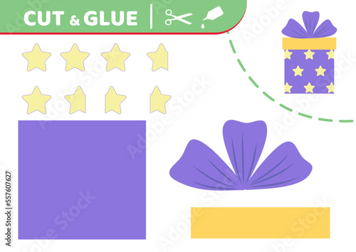 Purple gift with stars. Cut and glue. Application work. Paper game. Vector
