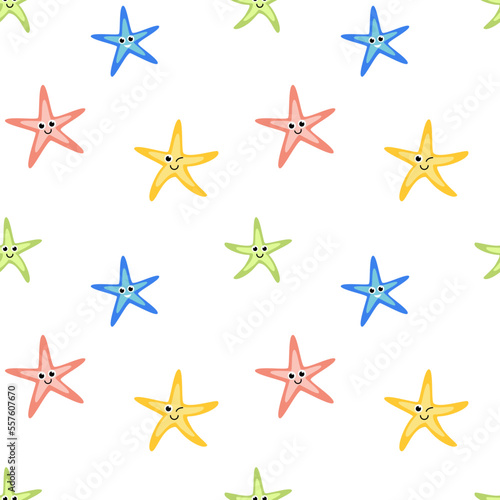 Seamless pattern with cartoon finger fish. Sea star. Flat  vector