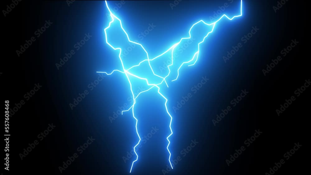 Realistic Lightning Strike On Black Background, Blue Lightning
