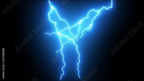 Blue Lightning Thunderstorm Effect Over Black Background, Realistic Lightning Strike On Black Background, Loop Animation Of Electric Thunderstorm Lightning  photo